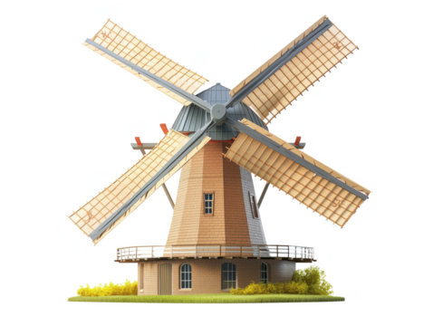 Detailed wooden windmill with large sails and surrounding greenery, isolated on transparent background, png