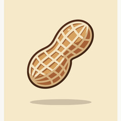 Minimalist cartoon of a shelled peanut with tan checkered texture and brown outline. Floating on a light beige background with soft shadow. Clean and simple food icon.