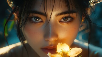 Close-up portrait of a woman with a flower