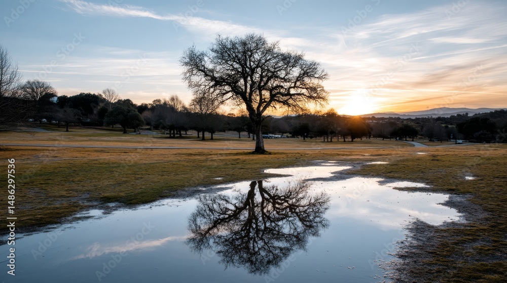 Aufkleber a tall oak tree stands alone in a golden wheat field, with its reflection visible in a still pond as