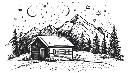 Hand-drawn cabin, starry mountains, night scene, tranquil, use for posters, cards, prints
