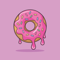 Cute digital illustration of a melting donut with pink glaze and colorful sprinkles on a soft pink background. Minimalist style with smooth gradients and pastel tones.