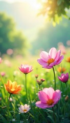 Fototapeta premium Pastel-colored flowers bloom in a sun-drenched meadow, a gentle breeze rustling through the petals; a scene of idyllic, tranquil beauty, radiating pure, unadulterated joy , romantic, wonder