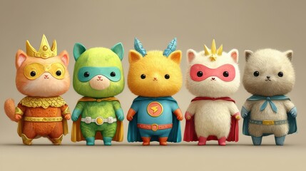 Fototapeta premium Playful, colorful cartoon cats in superhero costumes.