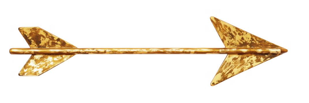 Golden arrow decoration with a sleek design and textured finish, isolated on transparent background, png