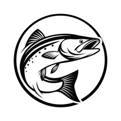 Leaping Salmon Silhouette, Black & White Fish Icon, Circular Frame, Wildlife Symbol