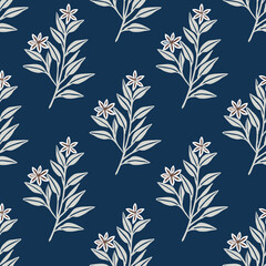 Repeating Pattern Of Stylized Floral Sprigs On A Dark Blue Background. Each Sprig Features Delicate, Pointed Leaves And Small, Star-Shaped Flowers.
