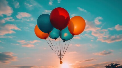 Fototapeta premium Colorful balloons floating in the sky at sunset