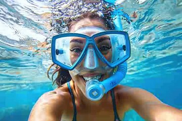 Fototapeta premium A woman smiles underwater while snorkeling in clear blue ocean water.