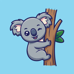 Cute cartoon koala clinging to a brown tree trunk with a green leaf, winking and smiling. Light blue background, kawaii style with clean lines and friendly design.