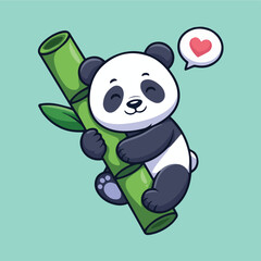 Cute cartoon baby panda hugging a glossy green bamboo stalk on a mint green background. Kawaii style with clean lines, minimal shading, and a heart speech bubble.