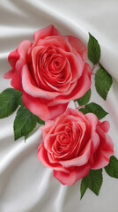 Two exquisite coral roses delicately rest on a luxurious ivory satin fabric, their velvety petals and vibrant green leaves creating a romantic and elegant scene.