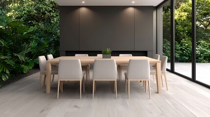 Modern Dining Room with Wood Table, Neutral Chairs, Lush Greenery, and Natural Light Interior Design.