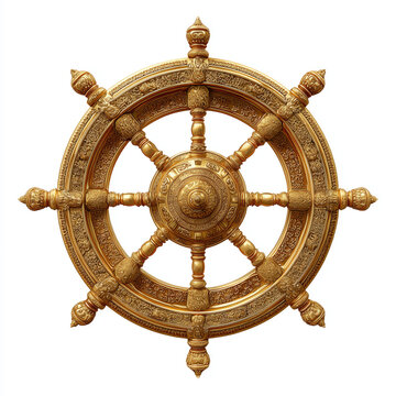 Golden Dharmachakra wheel of dharma symbol isolated on a white background, representing Buddhist teachings and the path to enlightenment.
