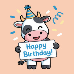 Cute kawaii baby cow wearing a blue and yellow striped party hat and black gloves, holding a Happy birthday! sign. Set against a peach background with confetti accents.