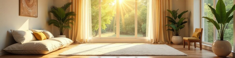 Naklejka premium Serene room bathed in soft sunlight, ideal for peaceful meditation, featuring calming decor and comfortable seating Perfect for relaxation and mindfulness , tranquility, nature