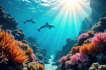 Naklejka premium Serene underwater scene with vibrant coral reef, playful dolphins, and sunlight filtering through the crystal-clear water A breathtaking view of a thriving ocean ecosystem , sun, bright, dolphin