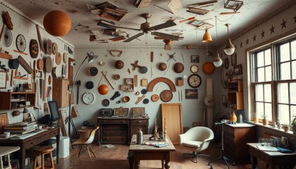 Eclectic workshop interior: Tools, wood crafts, vintage objects, natural light