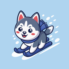 Adorable cartoon Husky skiing dynamically with a blue scarf and blue skis on a solid light blue background. Kawaii style with expressive eyes, gray fur, and cheerful smile.