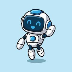 Cute cartoon robot with a blue screen face, smiling expression, and white body with blue accents. Floating on a light blue background, one arm raised in a friendly wave.