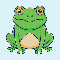 Cute cartoon frog sitting on a light blue background smiling calmly