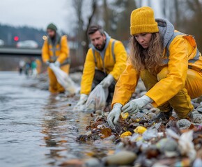 Volunteers collecting garbage on river bank wearing gloves 