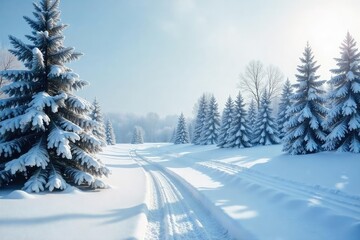 Obraz premium Snowy Christmas scene, pristine white landscape with frosted trees and falling snow , christmas scene, white