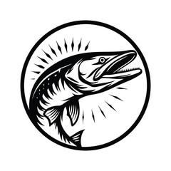 Aggressive Pike Fish Silhouette Illustration, Predator Wildlife, Black and White Design