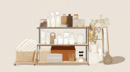 Organized pantry shelves filled with various goods.