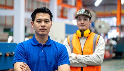 Two Asian Men Standing at Manufacturing Facility with Safety Attire