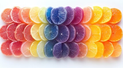 Colorful citrus slices arranged in a rainbow pattern