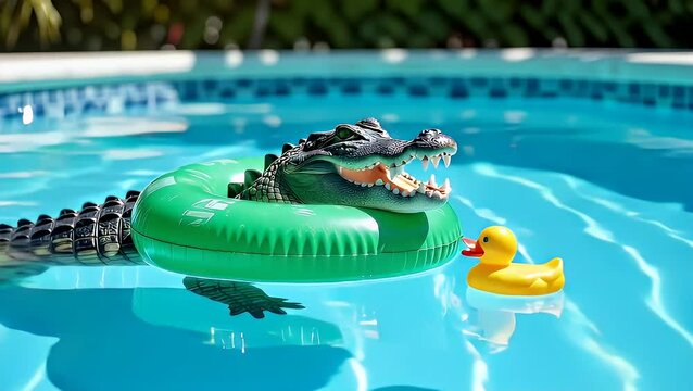 A bright and playful atmosphere surrounds a swimming pool featuring a green crocodile floatie and a cheerful yellow rubber duck