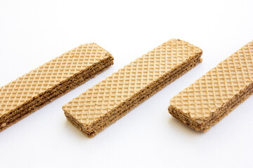 Tasty chocolate wafer biscuits isolated on white background.