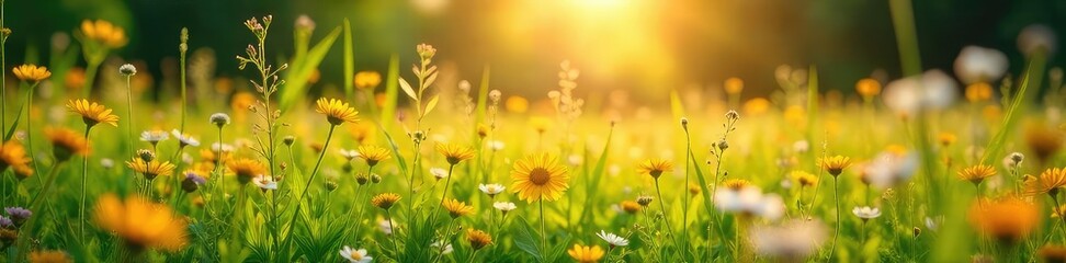 Fototapeta premium Sun-drenched meadow, wildflowers in full bloom, golden light illuminating lush green grass and vibrant flora A picturesque summer scene, perfect for nature and tranquility themes , vibrant, light