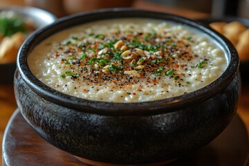 Creamy Rice Porridge with Herbs and Nuts in Rustic Bowl - Perfect for Comfort Food Themes