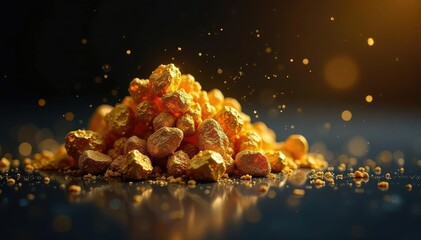 Tiny golden nugget, glittering, reflecting light on dark background , macro, bright, dust