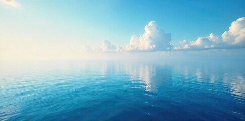 Vast, tranquil ocean scene Endless horizon meets calm water, reflecting the serene sky Perfect for travel, nature, or serenity themes , untouched, serene, aquatic