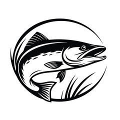 Black and White Fish Circle Illustration, Aquatic Animal Design, Isolated on White