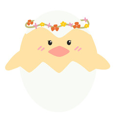 Cute yellow chick with cracked easter egg.