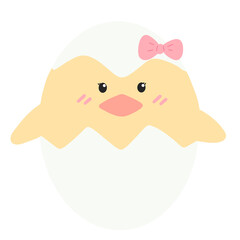 Cute yellow chick with cracked easter egg.