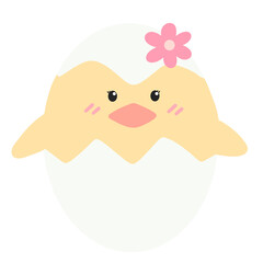 Cute yellow chick with cracked easter egg.