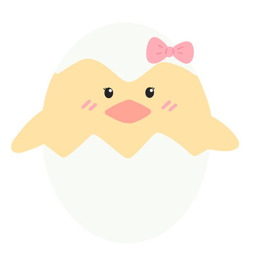 Cute yellow chick with cracked easter egg.