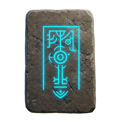 Ancient stone slab with glowing neon blue glyph