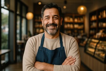 Obraz premium Smiling barista in cozy cafe