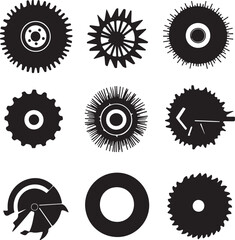 Black and White Vector Graphic of Assorted Saw Blades and Circular Tools