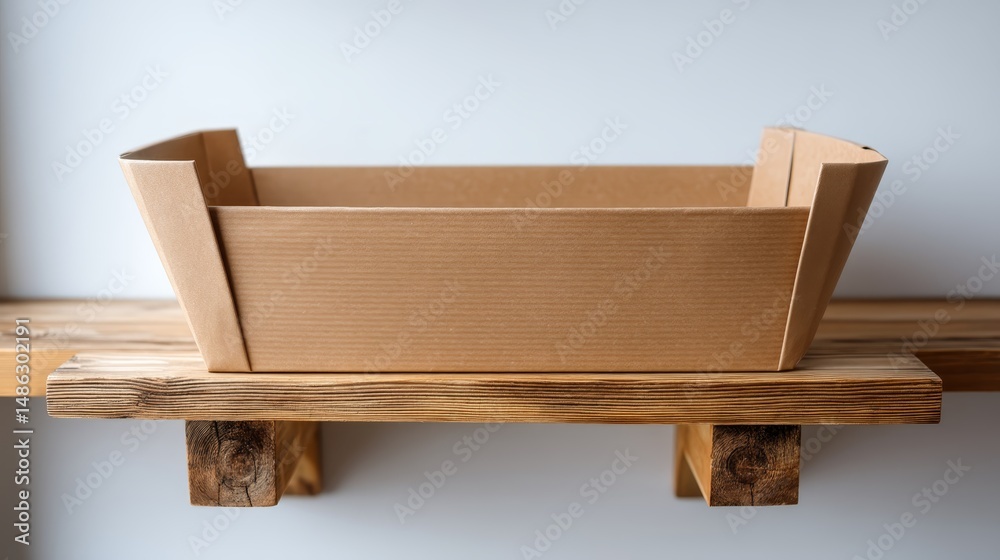 Aufkleber Front view of a blank cardboard box resting on a rustic wooden shelf, showcasing its minimalist design perfect for product packaging mockups in a warm atmosphere