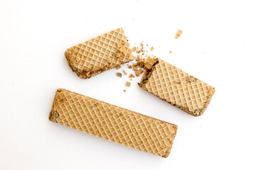 Tasty chocolate wafer biscuits isolated on white background.