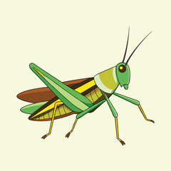 Cartoon Grasshopper Standing on Pale Yellow Background, Green and Brown Color Scheme