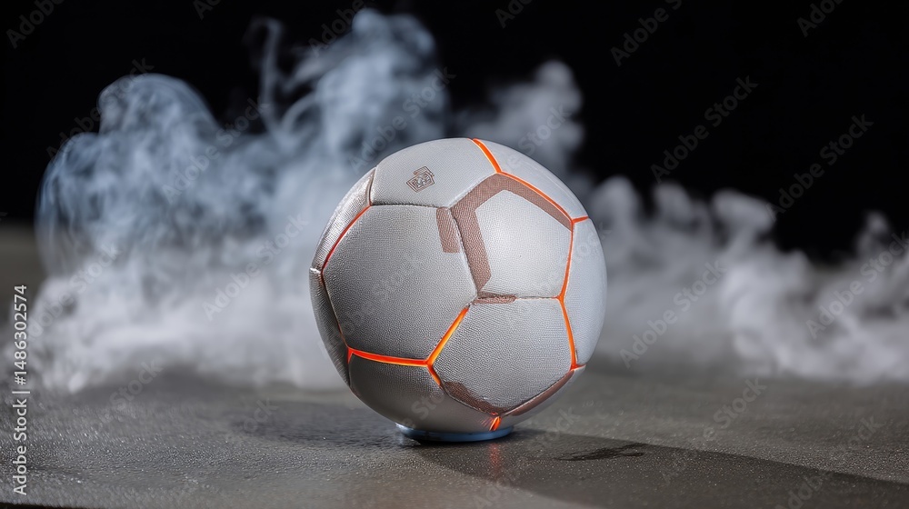 Poster a glowing soccer ball with bright neon orange lines floats above a dark surface while being obscured