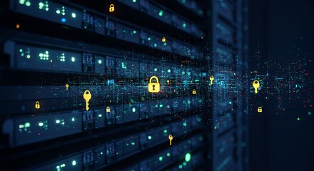 Naklejka premium Network Security Visualization: Data Servers with Encryption Keys and Locks